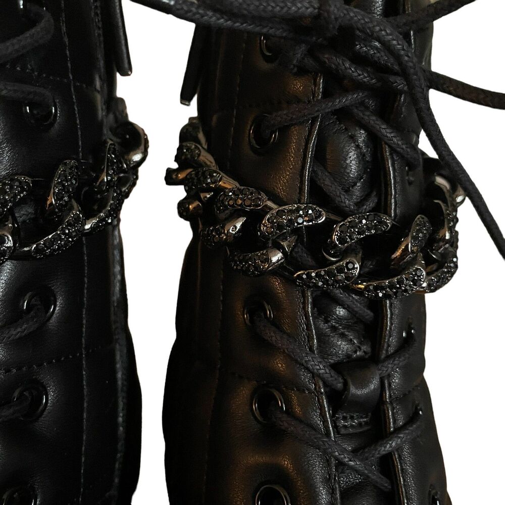 Lola Cruz Combat Moto Boots Sz EU 37 US 7 Black Leather Quilted Rhinestone Chain - Picture 4 of 7